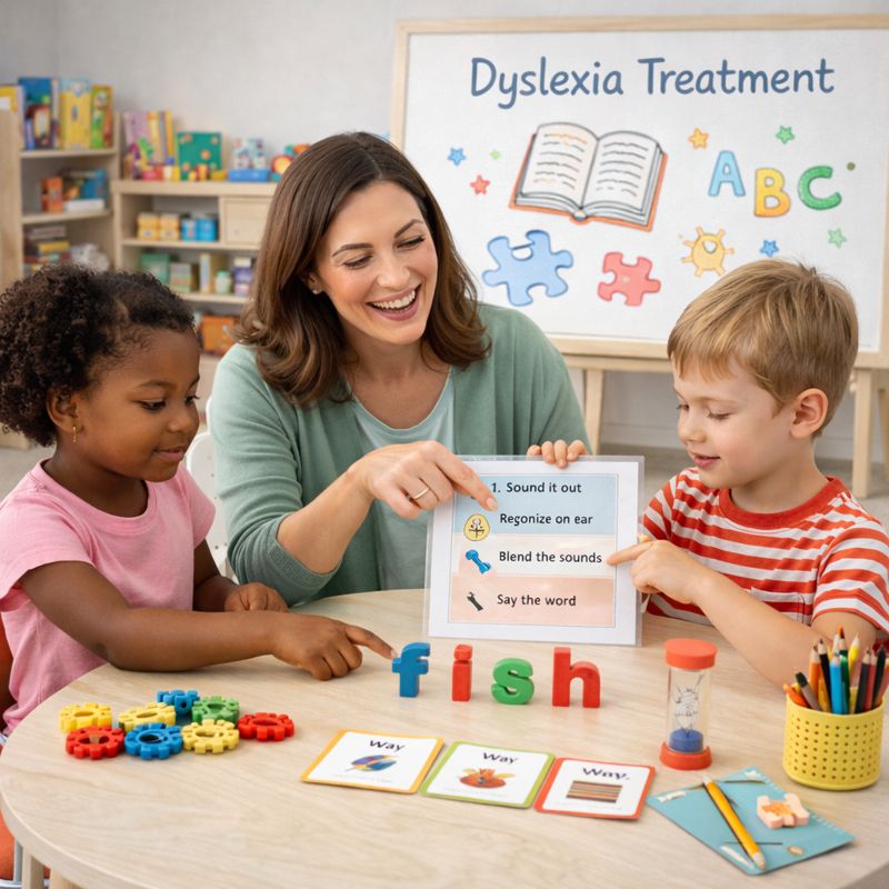 Dyslexia treatment session helping children improve reading and phonics skills.