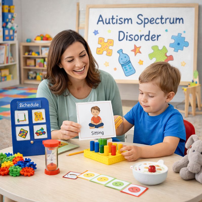Autism spectrum disorder therapy session with therapist guiding a child using visual learning aids.