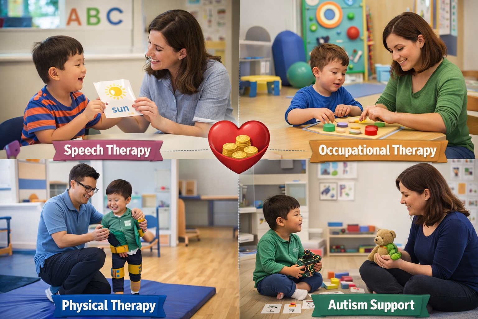 Therapists supporting children with special needs through speech, occupational, physical, and autism therapy.
