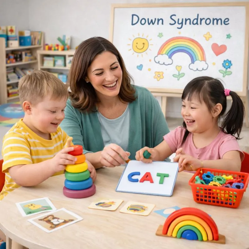 Children with Down syndrome learning through play with teacher support.