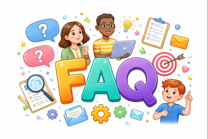 FAQ illustration with question icons and people seeking answers.