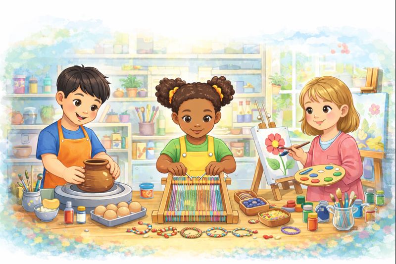 Children practicing handicraft and artisanal skills through creative activities.