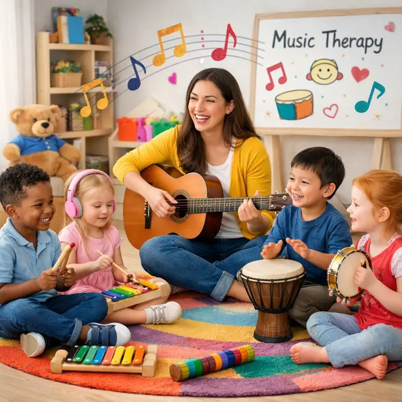 Music therapy for children with therapist and musical instruments
