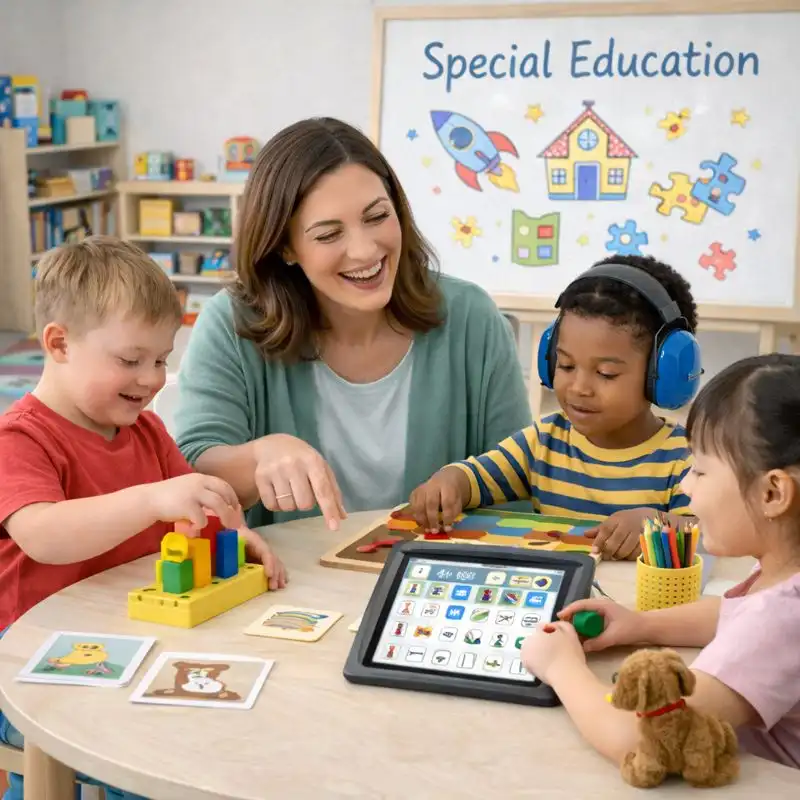 Special education teacher supporting special needs children in an inclusive classroom.