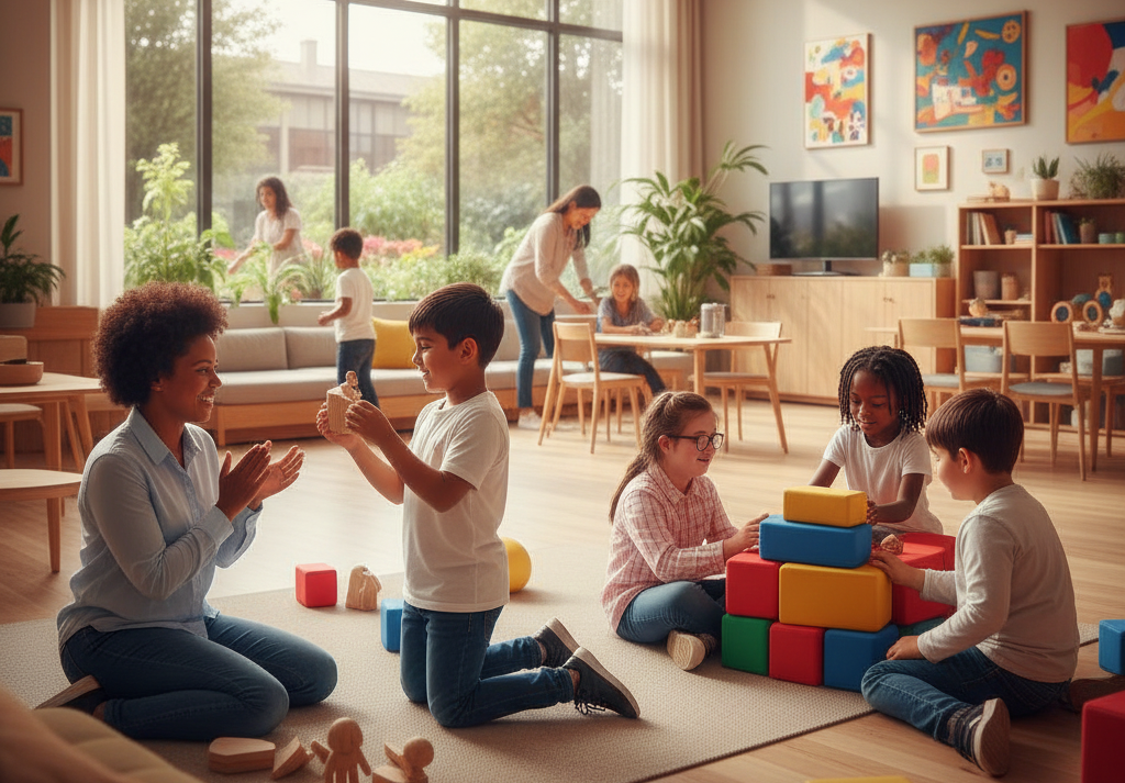 An inclusive community setting showing children with autism feeling valued and supported to build self-confidence and respect.