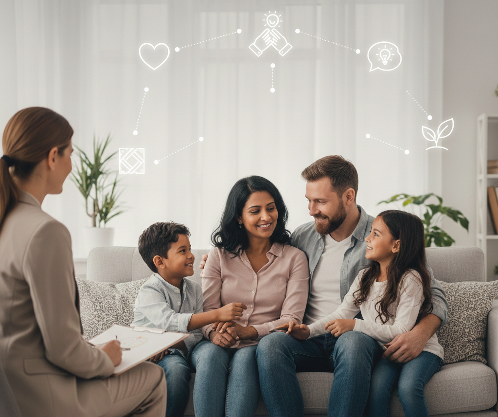 Infographic illustrating the benefits of parent counseling for understanding child behavior, emotions, and thoughts within a family.