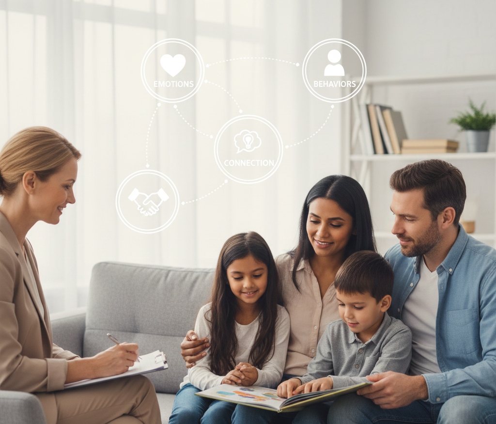 A diverse family sitting together on a rug and sofa, illustrating the connection between emotions, thoughts, and child behavior for family counseling.