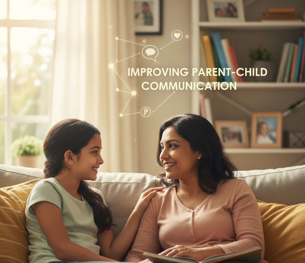 Family therapy illustration showing parents and children communicating to improve behavior and emotional connection.