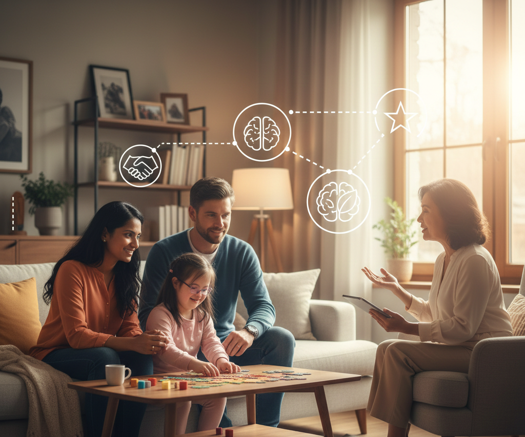 Family counseling infographic for special needs parents focusing on understanding child behavior, emotional triggers, and empathetic responses.